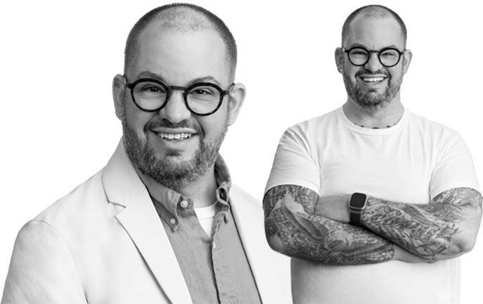 Two black-and-white portraits of the same man side by side: one shows him smiling in a light-colored blazer and glasses, and the other shows him in a casual T-shirt with tattooed arms crossed and a relaxed expression. Dr. Matthew J. Ramsey, President & CEO Target Community & Educational Services, Inc. Laurence J. Adams Endowed Chair and Professor, McDaniel College